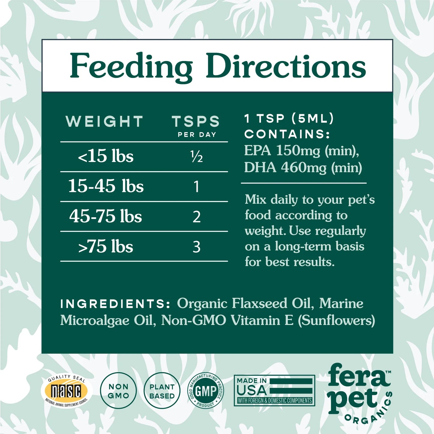 Fera Pets - Vegan Omega-3, 6, 9s Algae Oil for Dogs & Cats 8oz